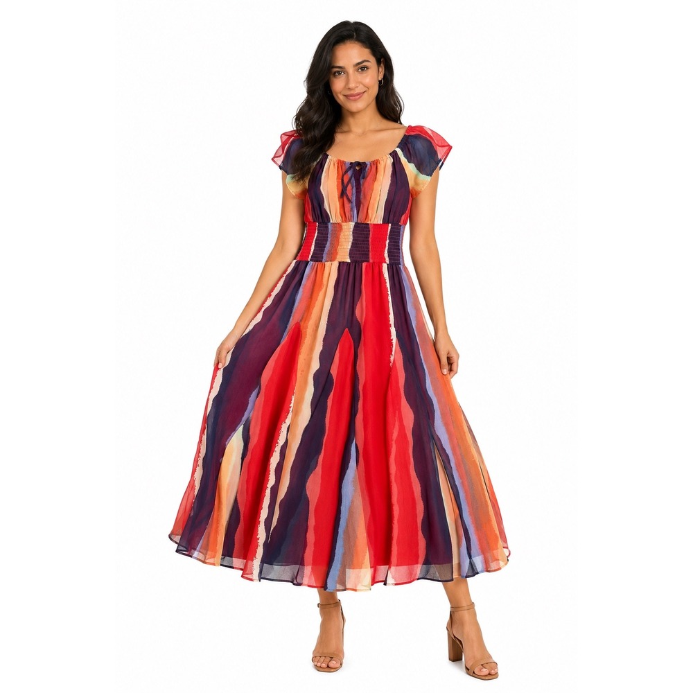 Phool Rainbow Striped Smocked Maxi Dress Medium Boho‎ Watercolor Flutter Sleeve